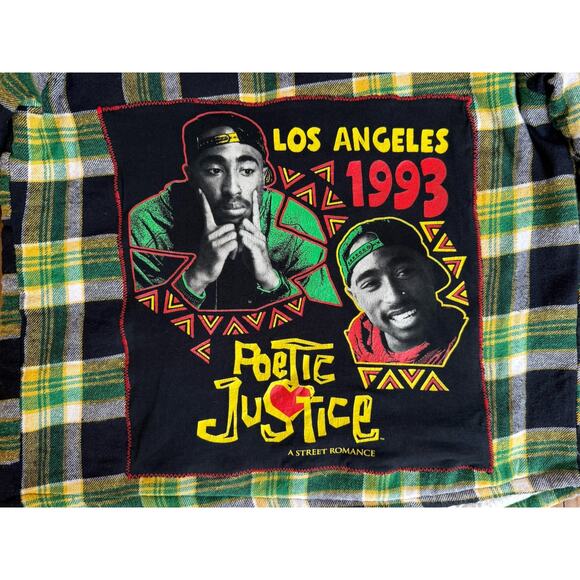 TUPAC Poetic Justice Upcycled Plaid Flannel Shacket 90s Rap Retro Vintage Sz M - Picture 7 of 9
